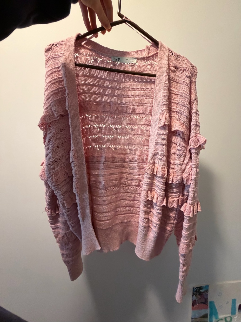 Zara Light Pink Open-Knit Ruffle Sleeve Cardigan